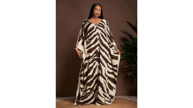 Veslaya Women's Plus Size Beige Zebra Print Maxi Dress