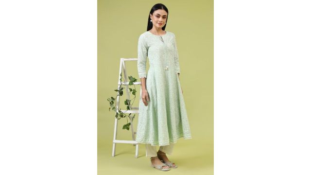 W Green Printed Calf Length Casual Women Regular Fit Kurtas