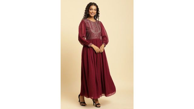 W Maroon Printed Round Neck Festive Ankle Length Full Sleeves Women Regular Fit Ethnic Dresses