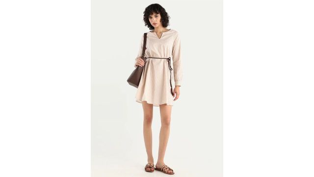 RAREISM Women Beige A-Line Fit Regular Sleeve V-Neck Dress