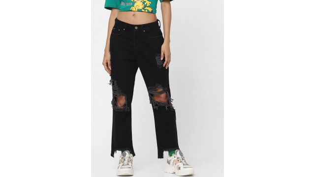 Women Black Straight Fit Low-Rise Highly Distressed Jeans