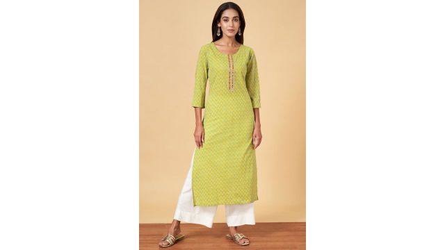 YU Yellow Embellished Calf-Length Casual Women Regular Fit Kurta