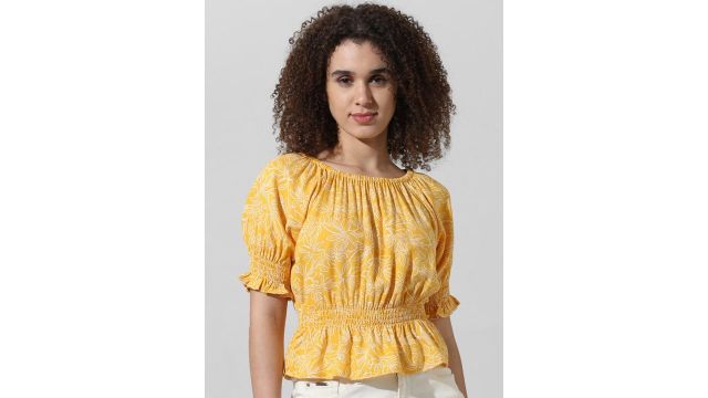 only Floral Print Puff Sleeve Cinched Waist Top