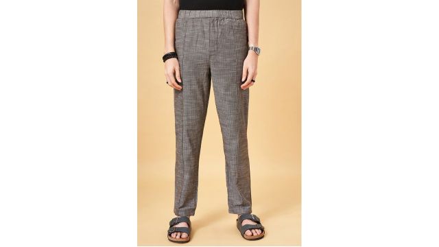 7 ALT Grey Textured Relaxed-Fit Casual Trousers