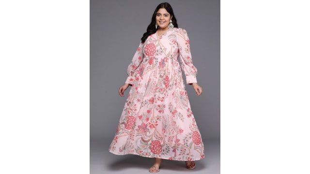 A PLUS BY AHALYAA Plus Size Floral Printed Wrap Maxi Ethnic Dress