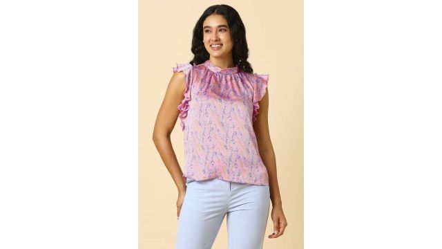 ALLEN SOLLY Pink Printed Flared-Sleeve Top