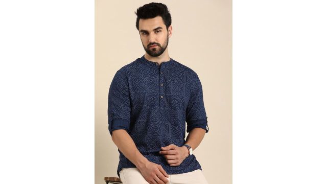 Anouk Men Geometric Printed Cotton Indigo Short Kurta