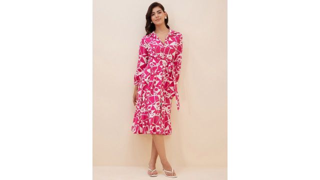 Antheaa Geometric Printed Shirt Style Midi Dress