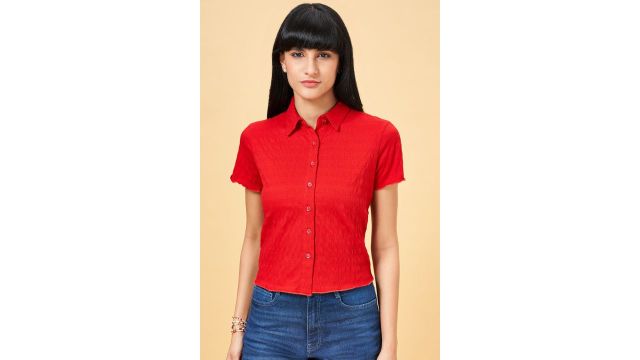 BARE DENIM Red Textured Cropped Top