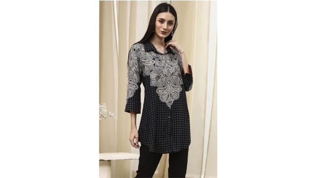 BIBA Black Printed Straight-Fit Tunic
