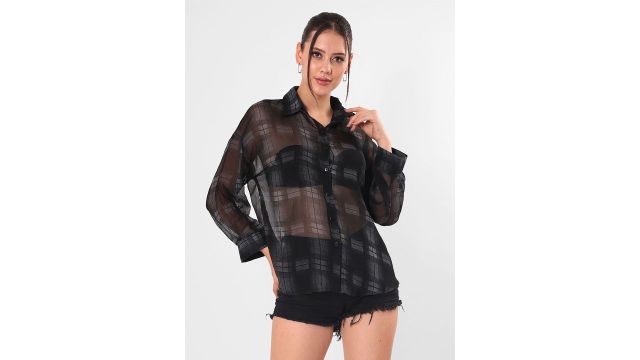 clobug Women Standard Semi Sheer Checked Casual Shirt