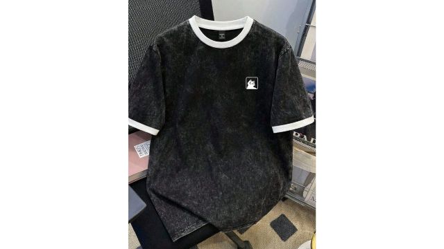 Daypath Plus Size Men's Washed Black T-Shirt With White Sleeve Trim Design