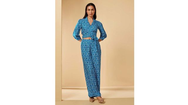 GLOBAL DESI Light Blue Printed V-Neck Co-ord Set