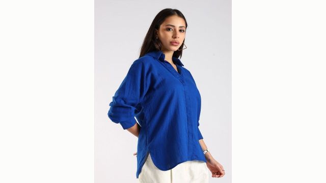 HERE&NOW Women Oversized Fit Solid Spread Collar Cotton Casual Shirt