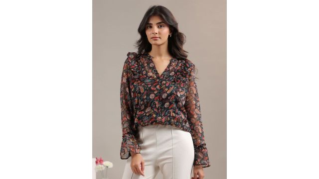 June 9 Clothing Women Classic Semi Sheer Printed Casual Shirt