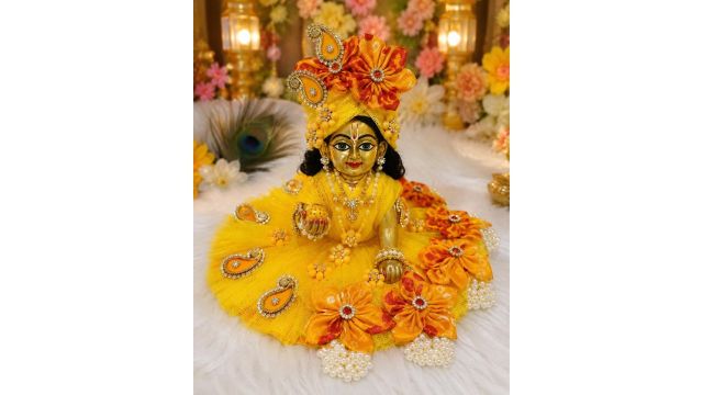 Laddu Gopal Yellow Net Dress with Pagdi and Pearl Work
