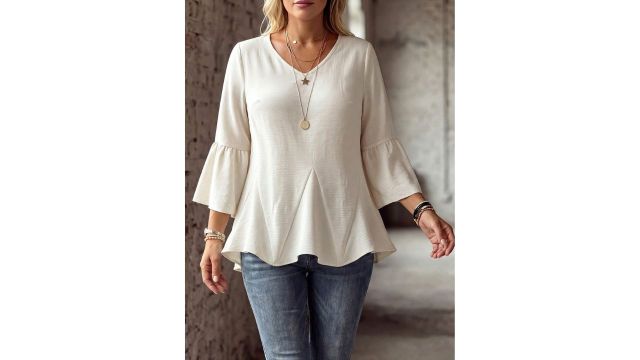Linhara CURVE Plus Size Skin-Friendly Wrinkle-Resistant Fabric Hem Flare Patchwork Design Shirt Elegant V-Neck Bell Sleeve Top