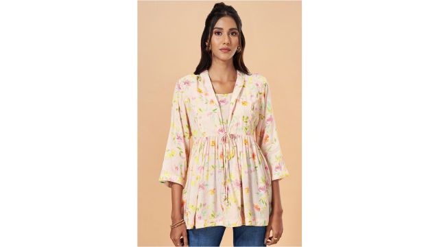 MARIGOLD LANE Beige Printed Flared Top