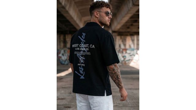 VEIRDO Men Camp Collar Printed Relaxed Cotton Casual Shirt (Black)