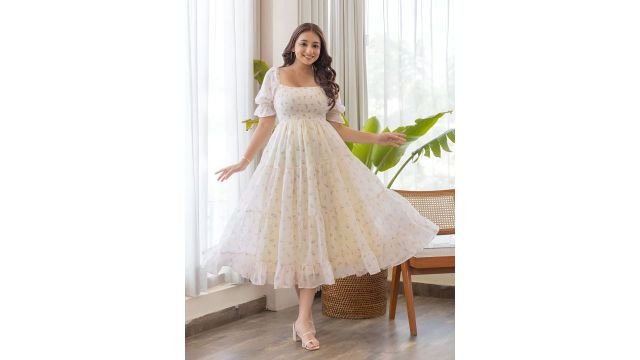 OTABU Floral Print Puff Sleeve Smocked Fit and Flare Midi Dress