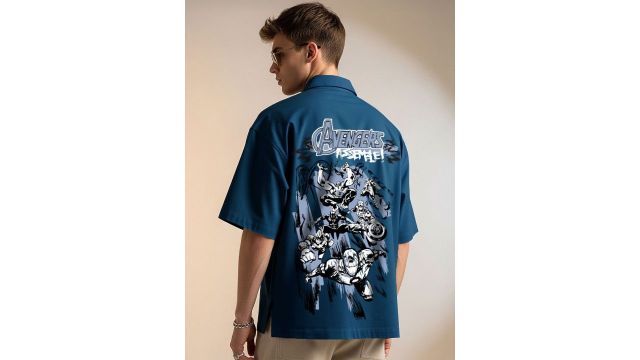 VEIRDO Oversized Avengers Printed Drop-Shoulder Sleeves Cotton Shirt