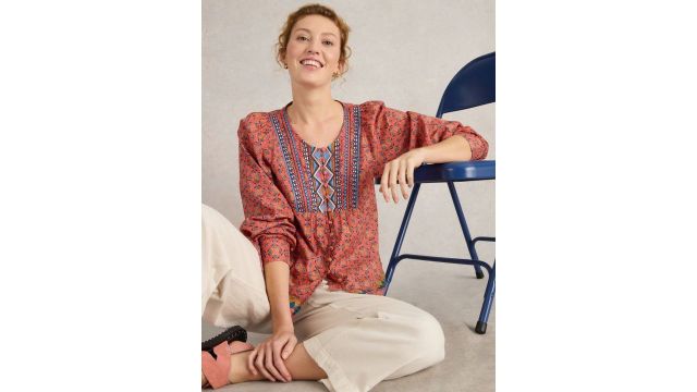 WHITE STUFF Print Puff Sleeve Ethnic Cotton Top