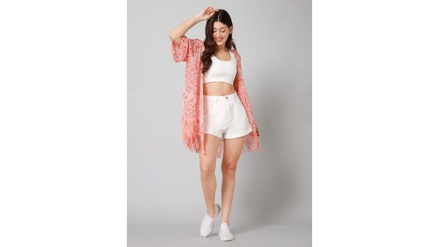 PURYS Ethnic Motifs Printed Tasselled Open Front Shrug