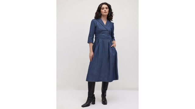 R.Code by The Roadster Life Co. Tie-Up Detail Pure Cotton Denim Blazer Midi Dress