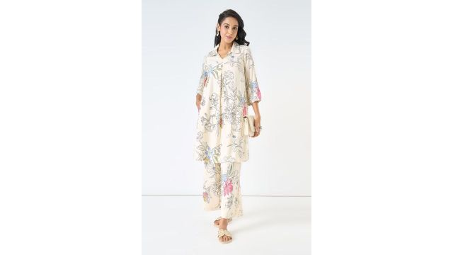 RANGMANCH Cream Botanical Print Kurta & Wide-Leg Pants Co-ord Set