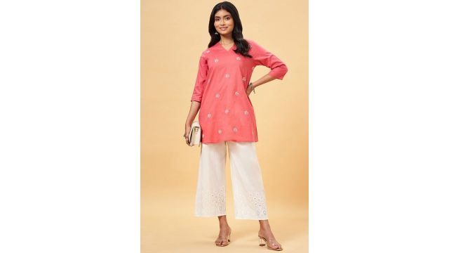 RANGMANCH Pink Solid Cotton Slub V-Neck Tunic