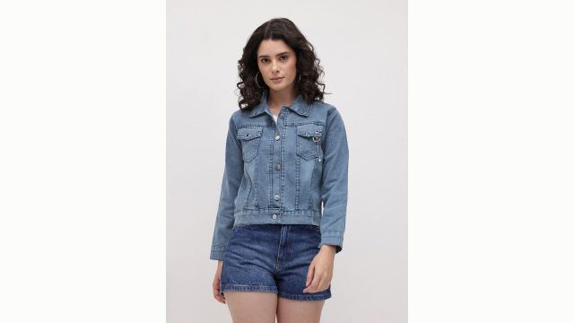 Roadster The Life Co. Spread Collar Crop Denim Jacket