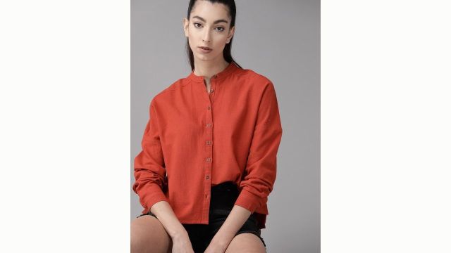 Roadster Women Rust Red Boxy Solid Pure Cotton High-Low Casual Shirt