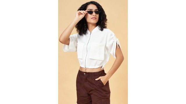 SF JEANS White Textured Polo-Collar Top
