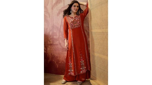 Sangria Embroidered Round Neck Kurta & Palazzos