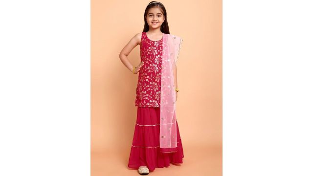 Sangria Girls Printed Kurta Set with Sharara & Dupatta