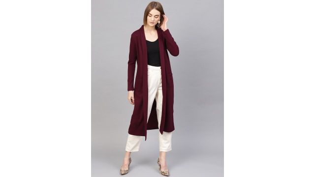 SASSAFRAS Women Burgundy Ribbed Longline Open Front Shrug