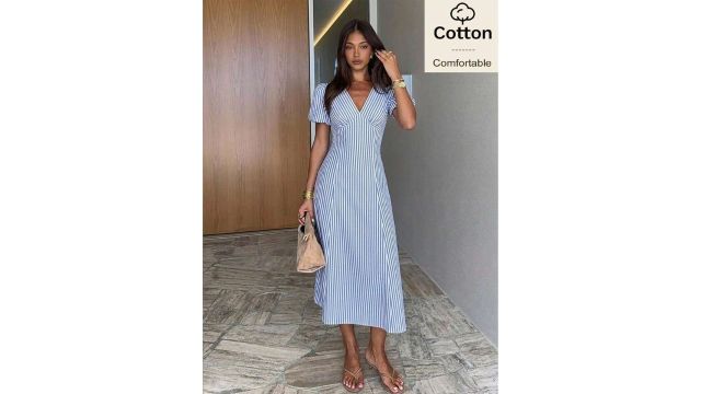 Siren Gaze Cotton Women Blue White Striped Petal Sleeve Midi Dress
