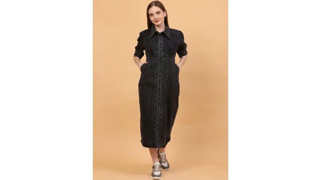 SOFTEN Puff Sleeve Shirt Midi Dress