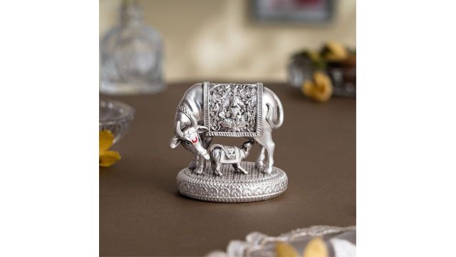 Svastika 999 Silver Plated Kamdhenu Cow with Calf Idol