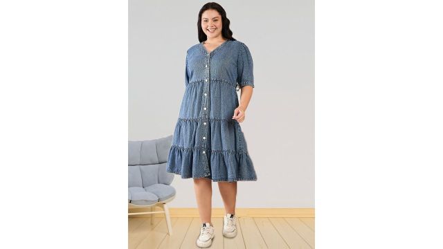Sztori Women V-Neck Denim Tiered Midi Dress