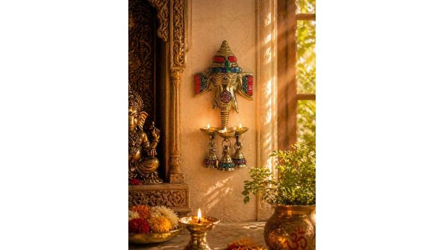 Two Moustaches Brass Ganesha Wall Hanging Diya