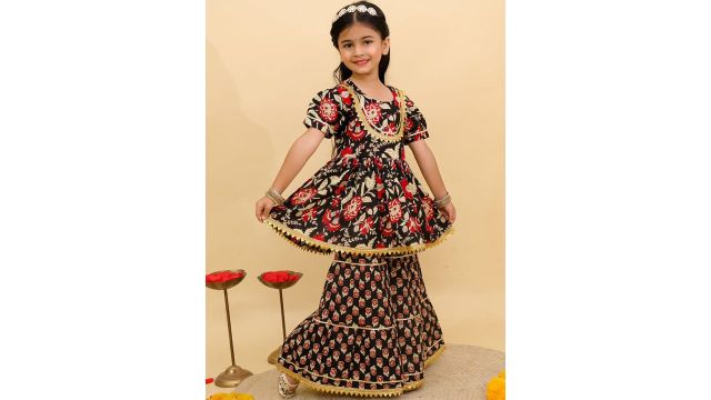 UNBIND Girls Floral Printed Regular Gotta Patti Pure Cotton Kurta with Sharara