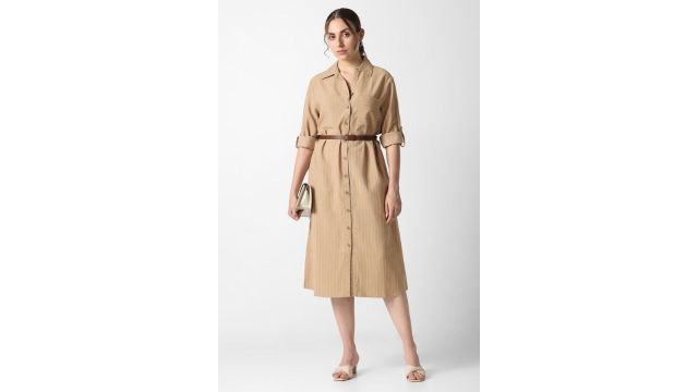 VAN HEUSEN Beige Striped Calf-Length Formal Dress