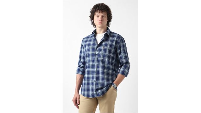 VAN HEUSEN Medium Blue Checked Slim Fit Shirt