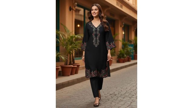 Varanga Women Embroidered V-Neck Pure Cotton Kurta Set