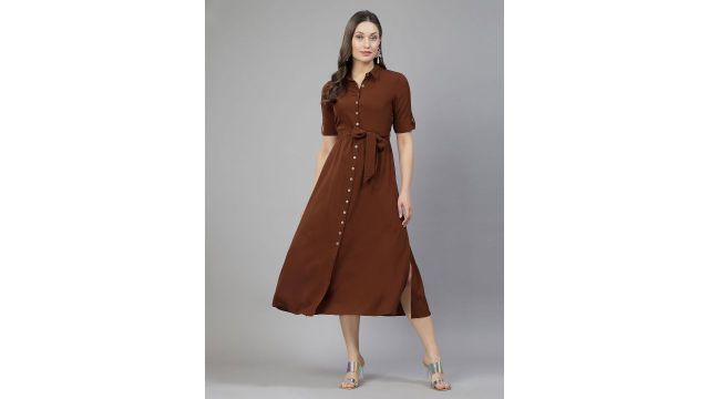 aayu Roll-Up Sleeves Tie-Up Shirt Midi Dress