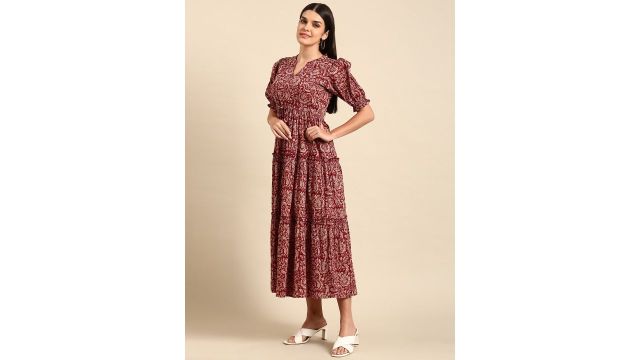 anayna Red Floral Ethnic A-Line Cotton Midi Ethnic Dress