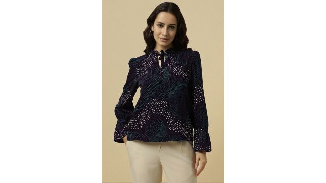 ALLEN SOLLY Black Printed Casual Full Sleeves Tie-up Neck Women Regular Fit Top