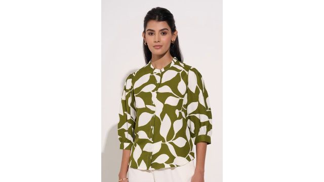 ANNABELLE Olive Printed Formal Three-Quarter Sleeves Mandarin Collar Women Regular Fit Top