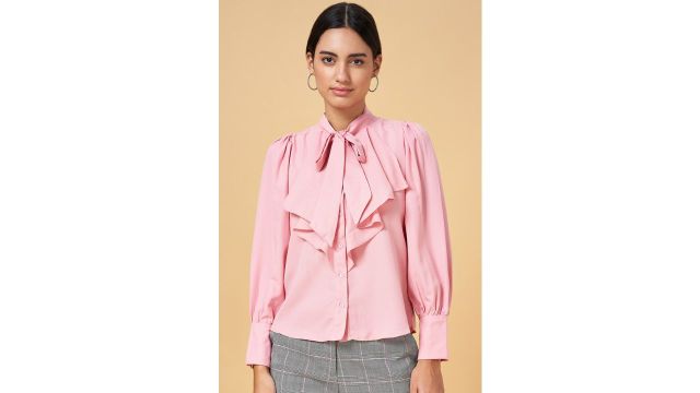 ANNABELLE Pink Solid Formal Full Sleeves Tie-Up Neck Women Relaxed Fit Tops